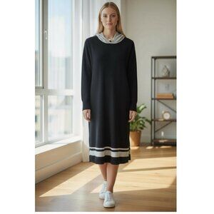 100% WOOL BLACK/GREY MIDI HOODIE DRESS, SIZE 6